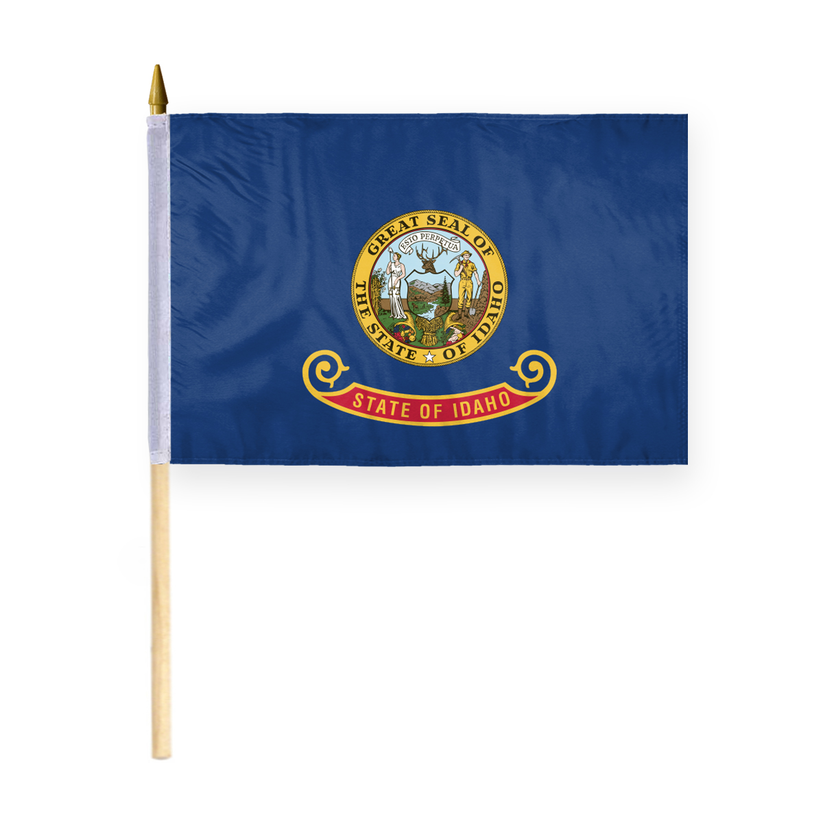 AGAS Idaho Stick Flag 12x18 Inch with 24 inch Wood Pole - Printed Polyester - State of Idaho Handheld Desk Flag Small Idaho Flag