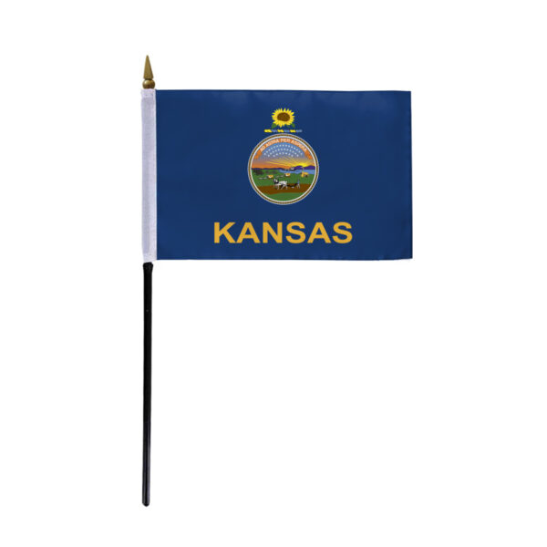 AGAS Kansas Stick Flag 4x6 Inch with 11 inch Plastic Pole - Printed Polyester - State of Kansas Small Flag on Stick