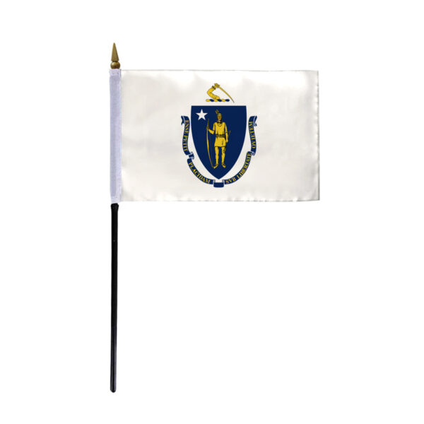 AGAS Massachusetts Stick Flag 4x6 Inch with 11 inch Plastic Pole - Printed Polyester
