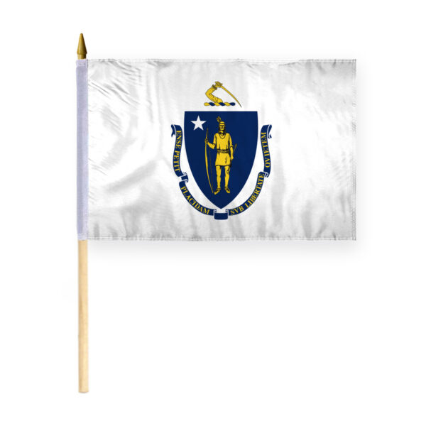 AGAS Massachusetts Stick Flag 12x18 Inch with 24 inch Wood Pole - Printed Polyester