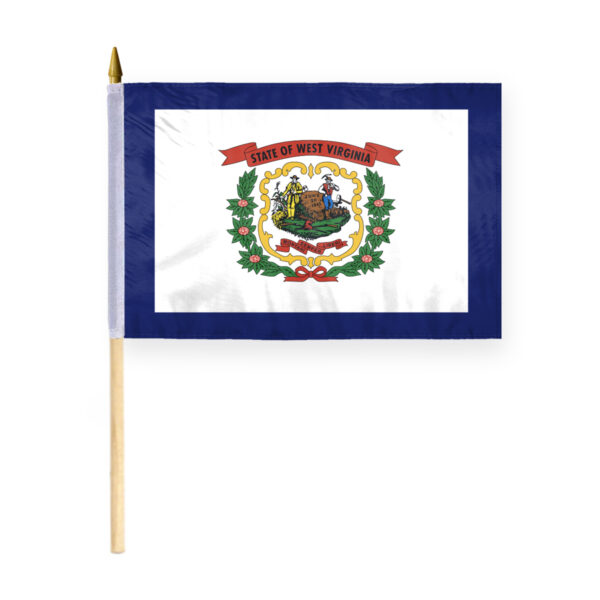 AGAS West Virginia Stick Flag 12x18 Inch with 24 inch Wood Pole - Printed Polyester