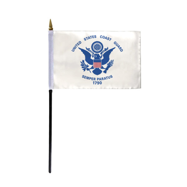 AGAS 4x6 Inch US Coast Guard Military Stick Flag- mounted on 11 inch Black Plastic Pole with a gold ball spear top. (US Coast Guard)