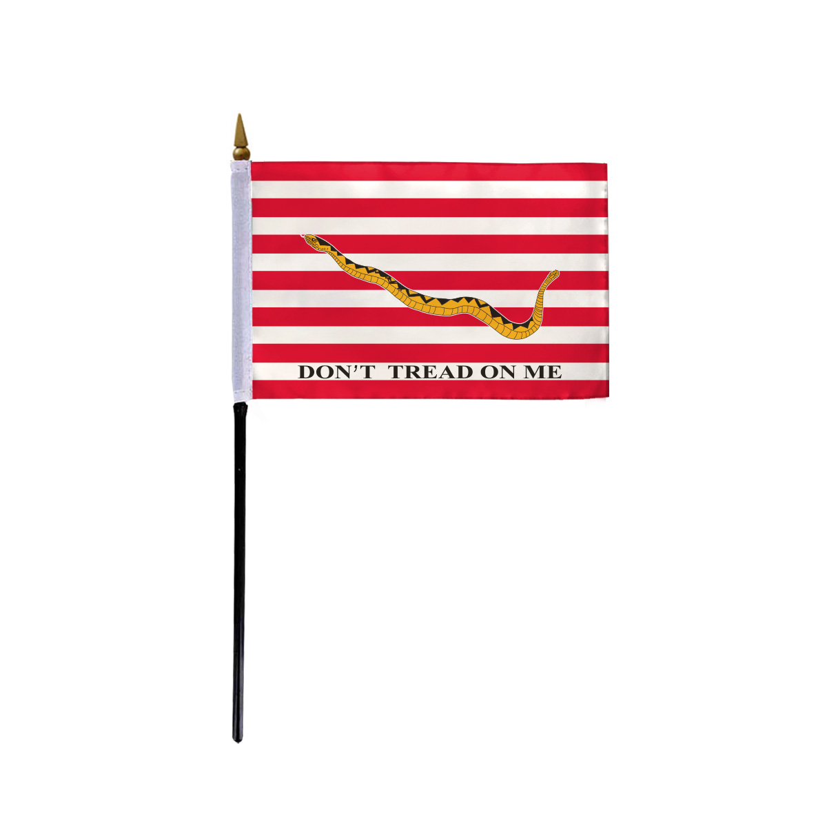 Honor American History:"Those that fail to learn from history are doomed to repeat it".Show pride in your past with our collection of American historical stick flags. Size: Miniature first navy jack flag measuring 4" x 6" inch securely attached to a 10-inch black plastic staff, perfect for hand-held, desk, or classroom use Material: Single-reverse, fully printed construction on 100% polyester material with bright colours. Stitching: Enjoy long-lasting beauty as each flag is meticulously sewn on all four sides for added durability and quality Finishing: Handheld navy jack flag comes fully assembled with a 10" plastic pole with elegant gold spear tips.