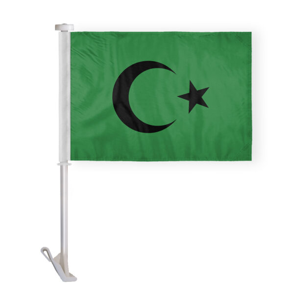 FLAG INFO- Islamic flags have the image of a crescent moon and star which became affiliated with the Muslim world during the Ottoman Empire. SIZE & MATERIAL- 10.5 Inch tall X 15 Inch Wide & Printed on 2-Ply Wrap Knitted Polyester with Sharp & Vivid Colors. QUALITY CRAFTSMANSHIP- Mounted on a 19 inch tall stiff pole with stitched edges, a 6/7 inch sewn binding tape sleeve & re-inforced corners. SPECIAL FEATURE- These flags are rip proof & can withstand highway speeds, giving even more people the opportunity to see. Manufacturers Product no: I2127