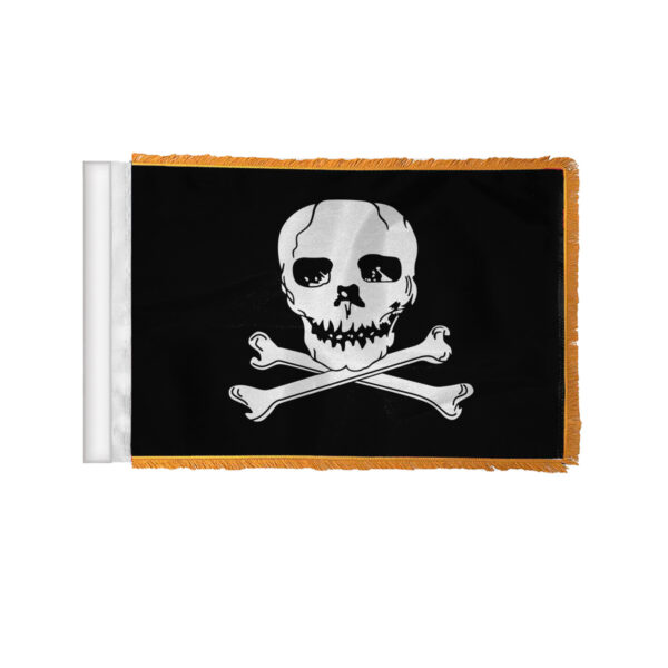 AGAS Pirate Jolly Roger Antenna Flag For Cars with Gold Fringe 4x6 inch