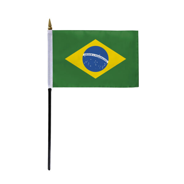 AGAS Brazil Stick Flag 4x6 inch mounted onto 11 inch Plastic Pole - Printed Single Sided on Polyester - Stitched Edges - Mini Brazil Flag
