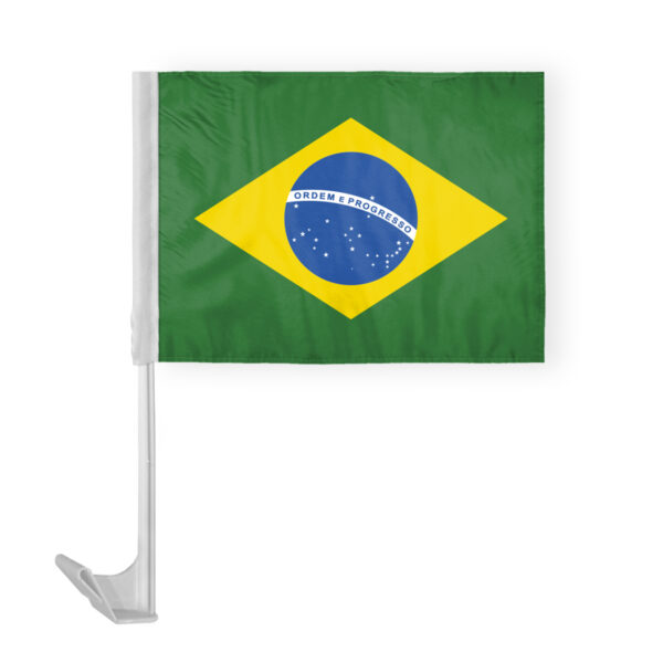 AGAS Brazil Car Flag 12x16 inch - Printed Single Sided on Polyester - Stitched Edges - 17 Inch White Plastic Flex Pole - BR Flag Brazilian Flag bandeira do Brasil Verde e amarela Ordem e Progresso Flag.