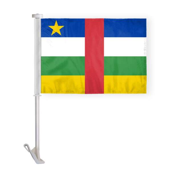 AGAS Central African Republic Car Flag Premium 10.5x15 inch Printed Double Sided on Super Knit Polyester Fabric Double Stitched 19 Inch White Plastic Unbreakable Stiff Pole High Visibility Blue Ensign Central African Republic National Car Flag
