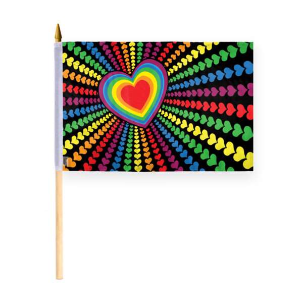 AGAS Rainbow Love Hearts Stick Flag 12x18 inch Flag on a 24 inch Wooden Flag Stick - Sewn Edges Fade Resistant Polyester - Rainbow Love Handheld Stick Flag