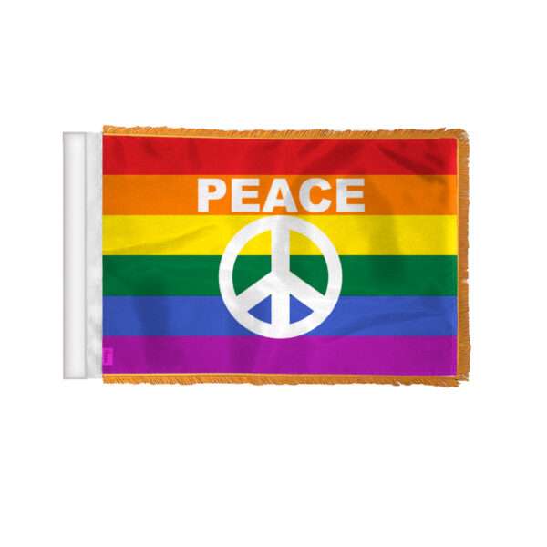 AGAS Rainbow Peace Sign Antenna Aerial Flag For Cars with Gold Fringe 4x6 inch