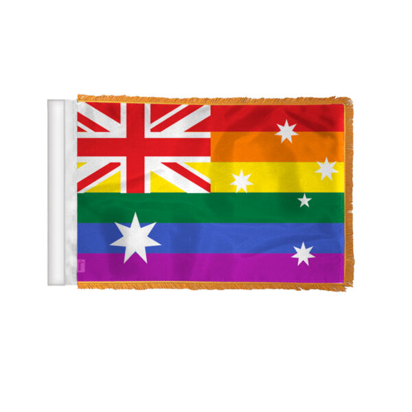 AGAS Australia Pride Antenna Aerial Flag For Cars with Gold Fringe 4x6 inch