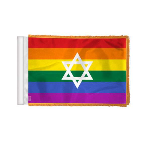 AGAS Israel Rainbow Antenna Aerial Flag For Cars with Gold Fringe 4x6 inch