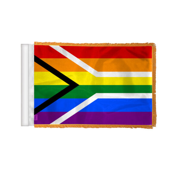 AGAS South Africa Rainbow Gay Pride Antenna Aerial Flag For Cars with Gold Fringe 4x6 inch