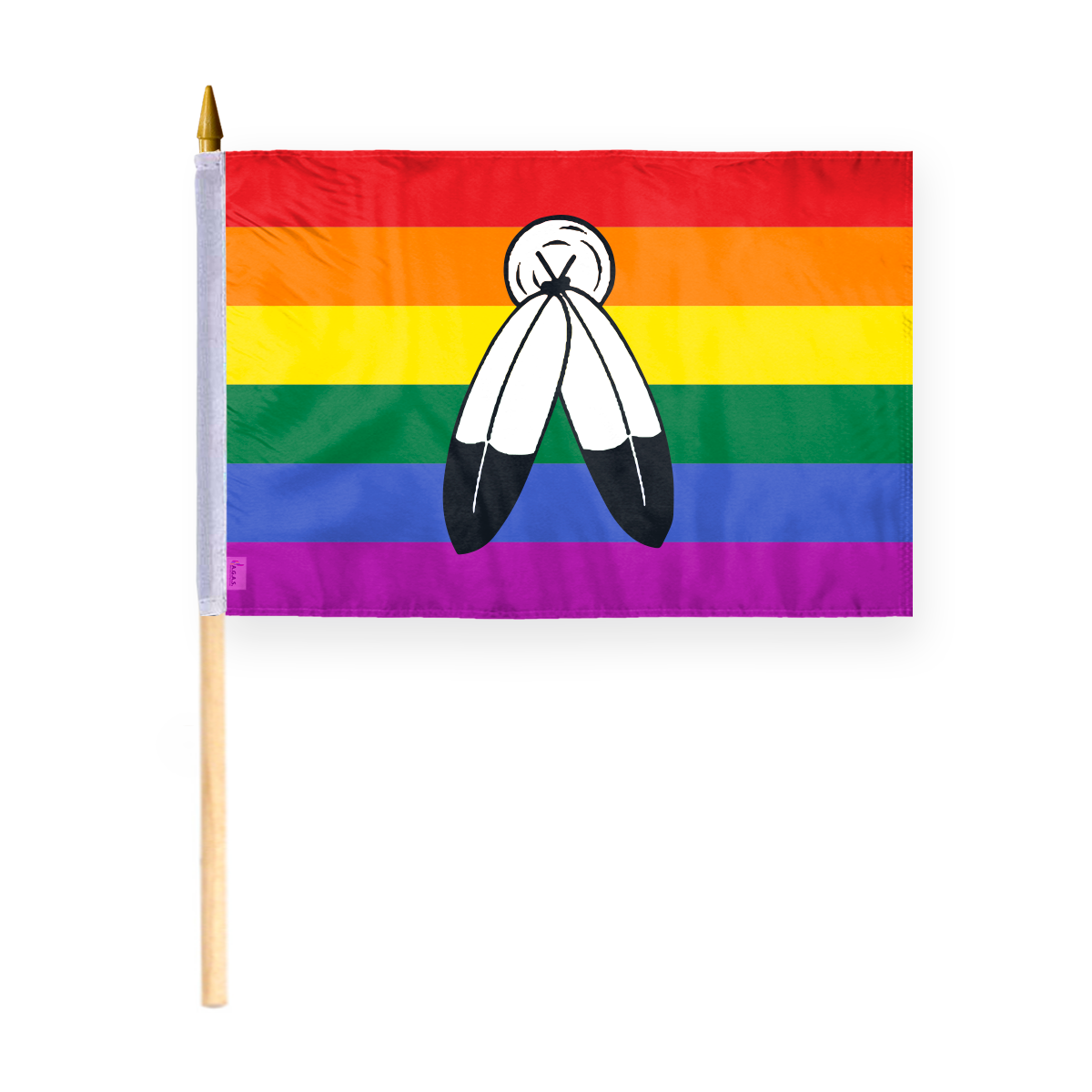 AGAS Mini Two-Spirit Rainbow Stick Flag 12x18 inch Flag on a 24 inch Wooden Flag Stick