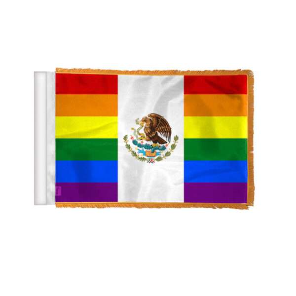 AGAS Mexico Rainbow Antenna Aerial Flag For Cars with Gold Fringe 4x6 inch