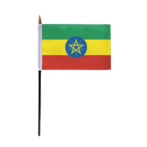 AGAS Ethiopia Flag 4x6 inch - 11" Plastic Pole 100% Polyester Stitched Edges Ethiopian National Mini Flag on a Stick