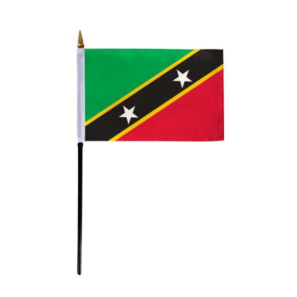 St Kitts Flag 4x6 inch - 11" Plastic Pole 100% Outdoor Polyester Stitched Edges St Kitts Mini Flag on a Stick