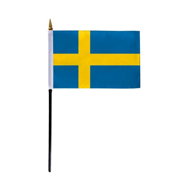 Sweden Flag 4x6 inch - 11" Plastic Pole 100% Polyester Stitched Edges Swedish Mini Flag on a Stick