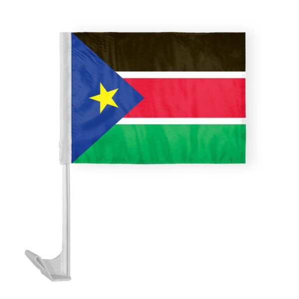 South Sudan Car Flag 12x16 inch Polyester Fabric Double Stitched 17 Inch White Plastic Flexible Pole High Visibility South Sudanese Car Flag
